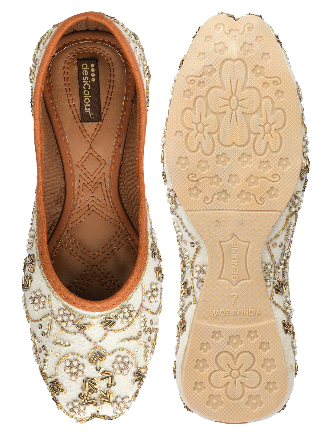 DESI COLOUR Women White  Gold-Toned Embellished Ethnic Mojaris
