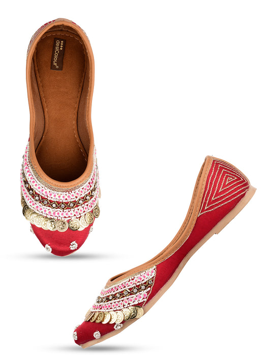 DESI COLOUR Women Maroon Ethnic Mojaris Flats