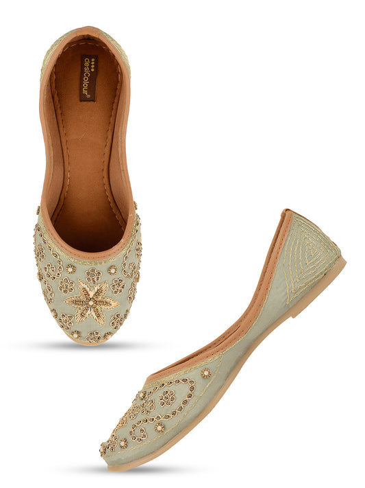 DESI COLOUR Women Grey Embellished Leather Ethnic Mojaris Flats