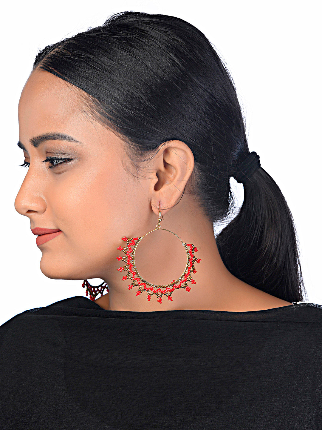 DESI COLOUR Red  Gold-Toned Contemporary Drop Earrings