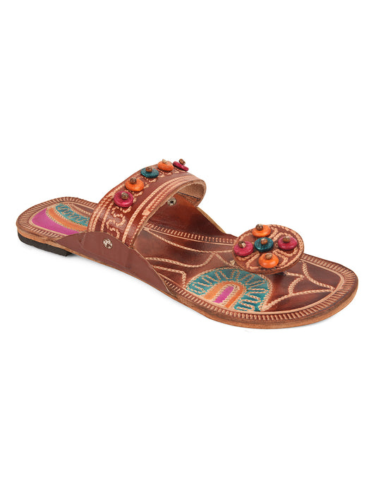 DESI COLOUR Women Brown Embellished Leather One Toe Flats