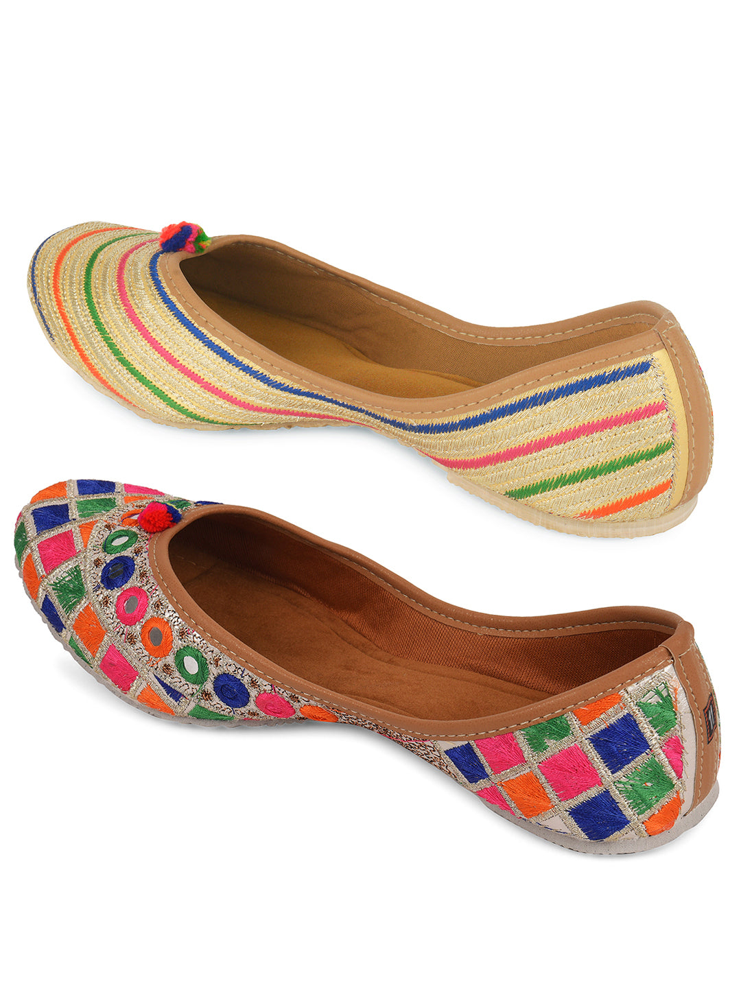 DESI COLOUR Women Pack Of 2 Beige Embellished Mojaris Flats