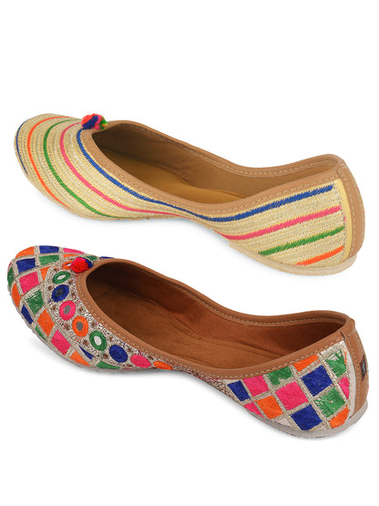 DESI COLOUR Women Pack Of 2 Beige Embellished Mojaris Flats