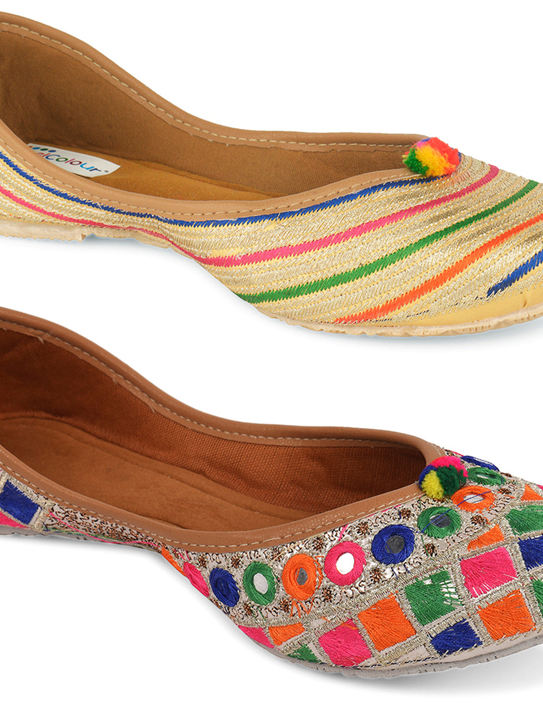 DESI COLOUR Women Pack Of 2 Beige Embellished Mojaris Flats