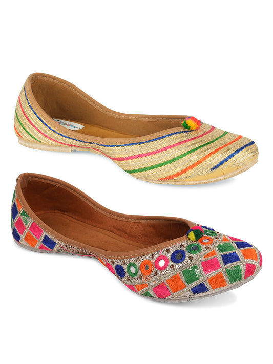DESI COLOUR Women Pack Of 2 Beige Embellished Mojaris Flats
