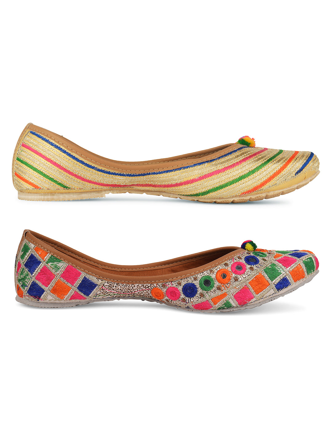 DESI COLOUR Women Pack Of 2 Beige Embellished Mojaris Flats