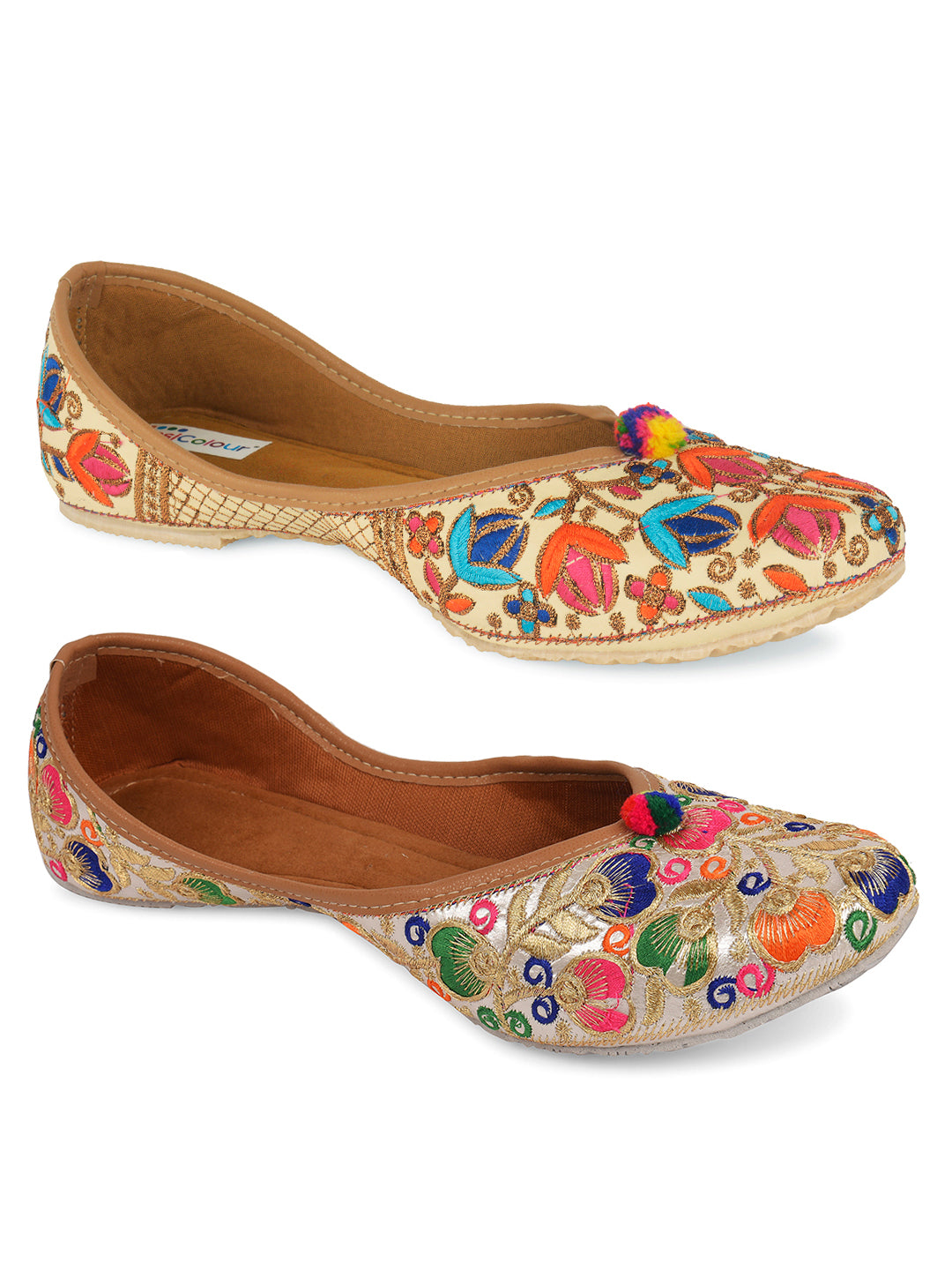 DESI COLOUR Women Multi Pack of 2 Embellished Leather Ethnic Mojaris