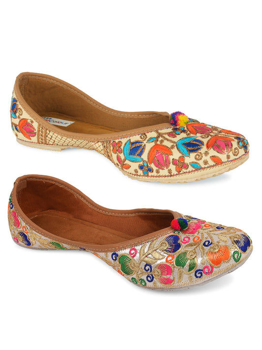 DESI COLOUR Women Multi Pack of 2 Embellished Leather Ethnic Mojaris