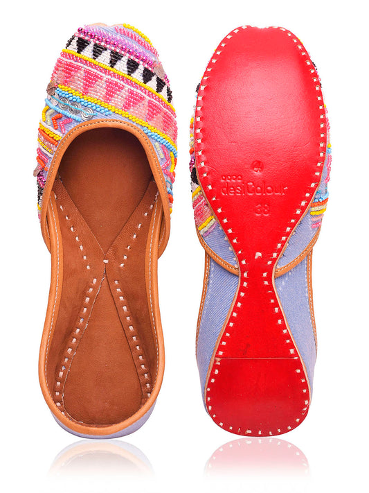 DESI COLOUR Women Blue  Pink Printed Leather Mojaris