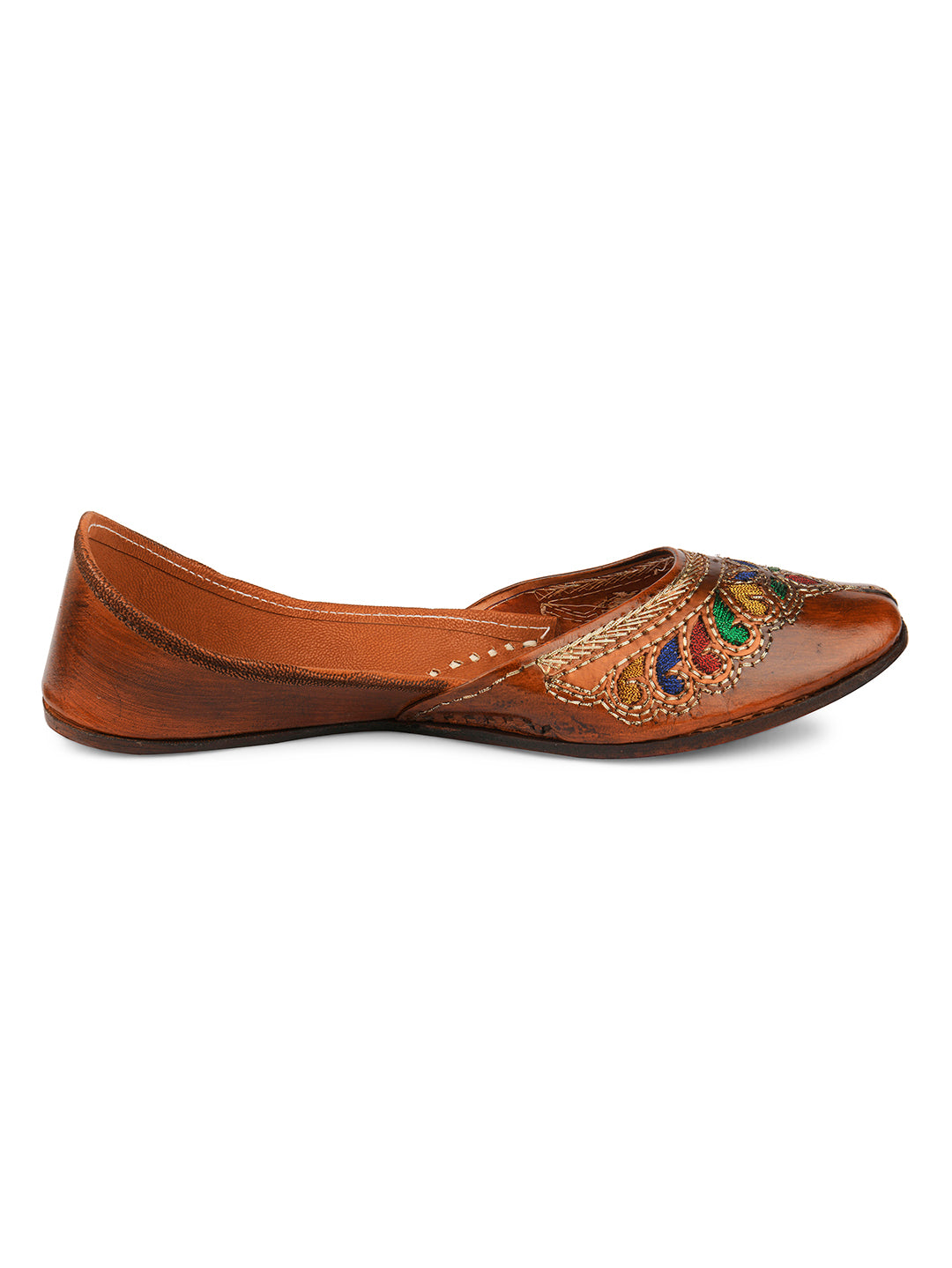 DESI COLOUR Women Brown Embellished Leather Mojaris