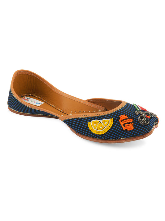 DESI COLOUR Women Blue Embellished Leather Ballerinas