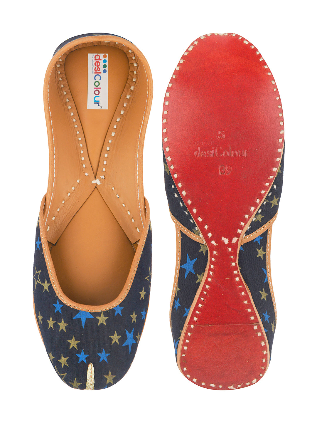 DESI COLOUR Women Navy Blue Printed Leather Mojaris