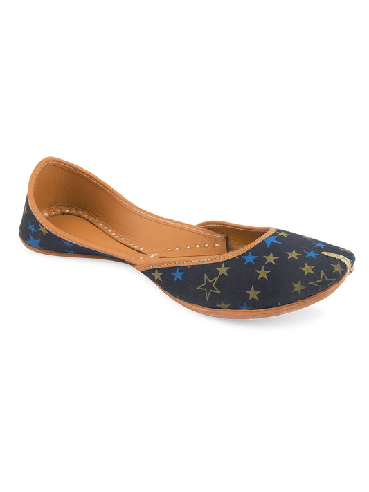 DESI COLOUR Women Navy Blue Printed Leather Mojaris