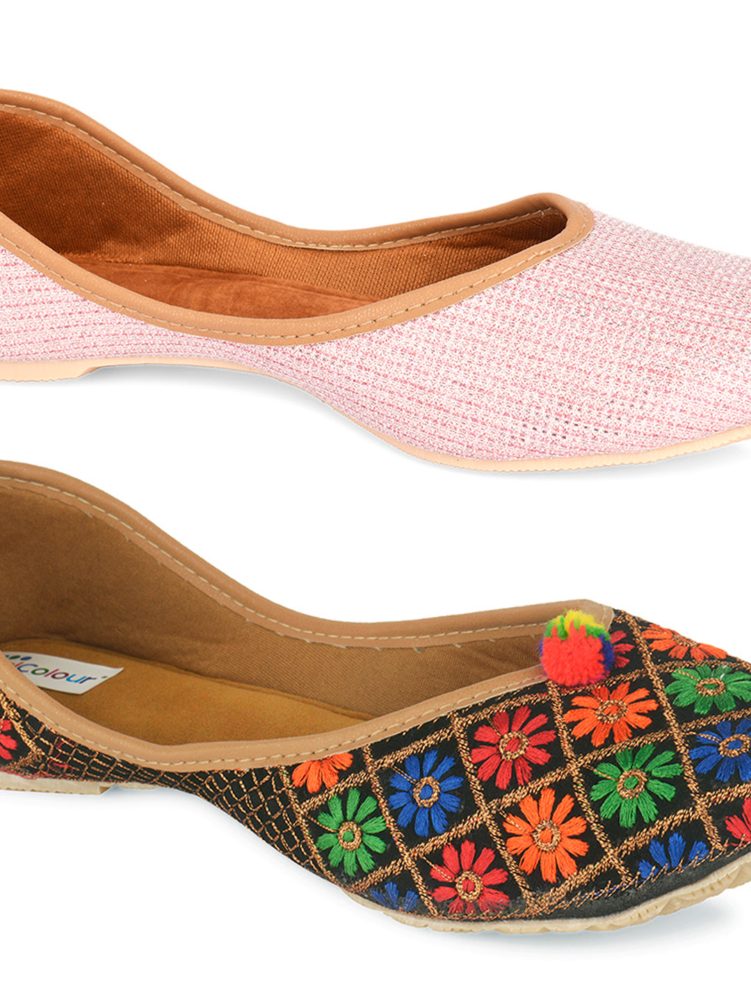 DESI COLOUR Women Set of 2 Multicoloured Ethnic Mojaris with Embroidered Flats
