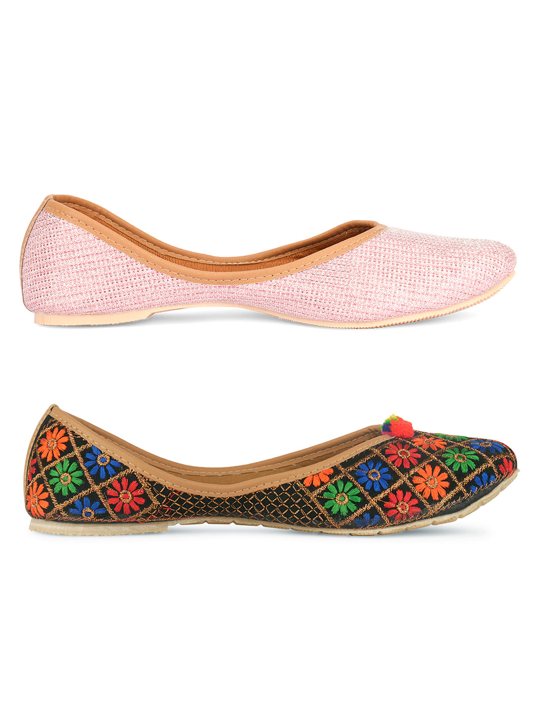 DESI COLOUR Women Set of 2 Multicoloured Ethnic Mojaris with Embroidered Flats