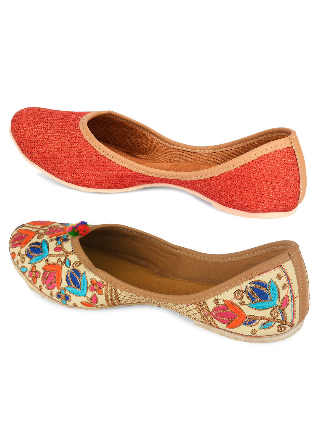 DESI COLOUR Women Set Of 2 Orange  White Woven Design Ethnic Mojaris
