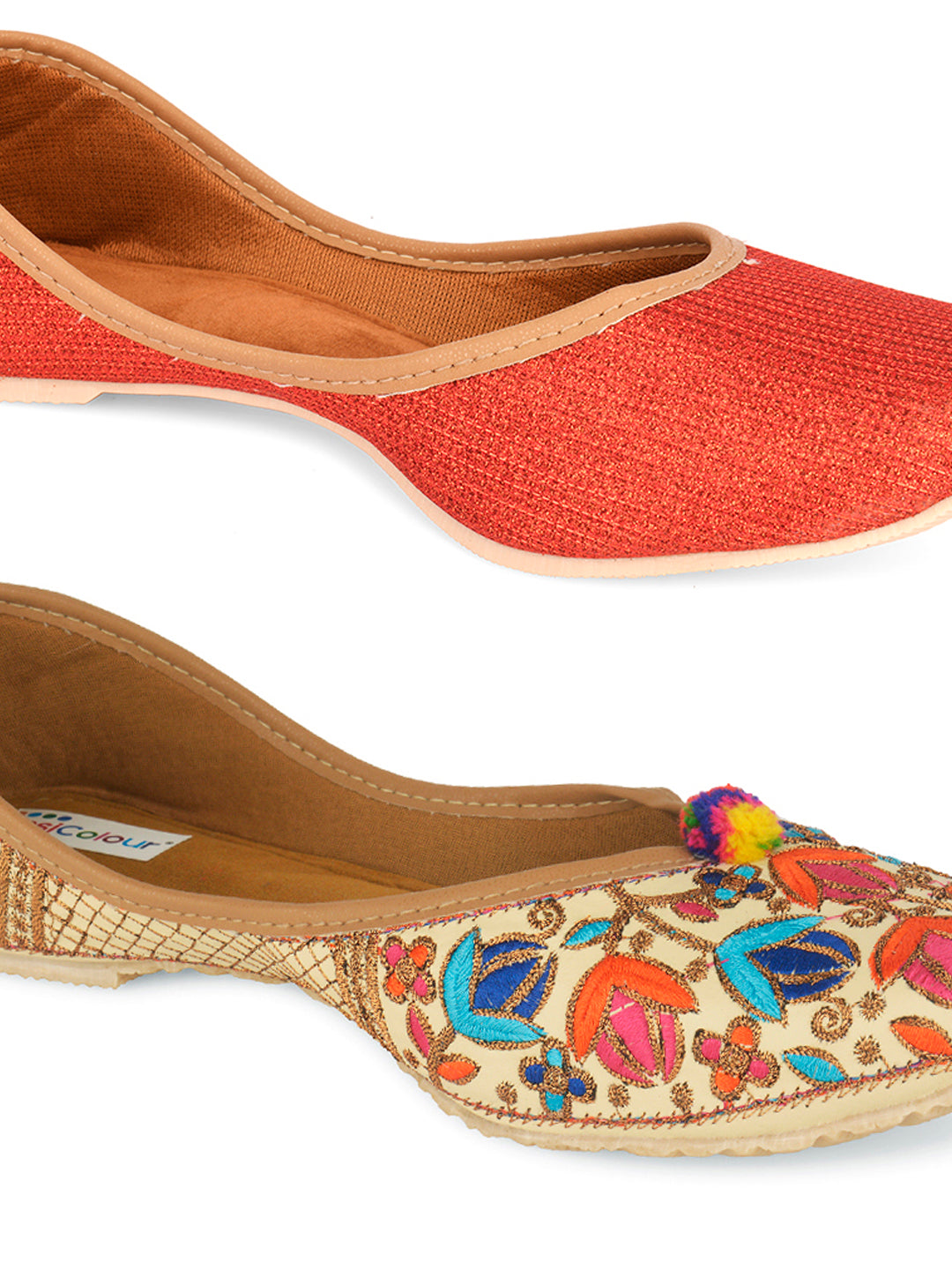 DESI COLOUR Women Set Of 2 Orange  White Woven Design Ethnic Mojaris