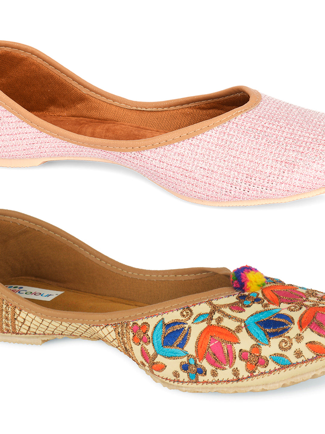 DESI COLOUR Women Multi Pack of 2 Embellished Leather Ethnic Mojaris Flats