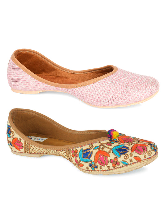 DESI COLOUR Women Multi Pack of 2 Embellished Leather Ethnic Mojaris Flats