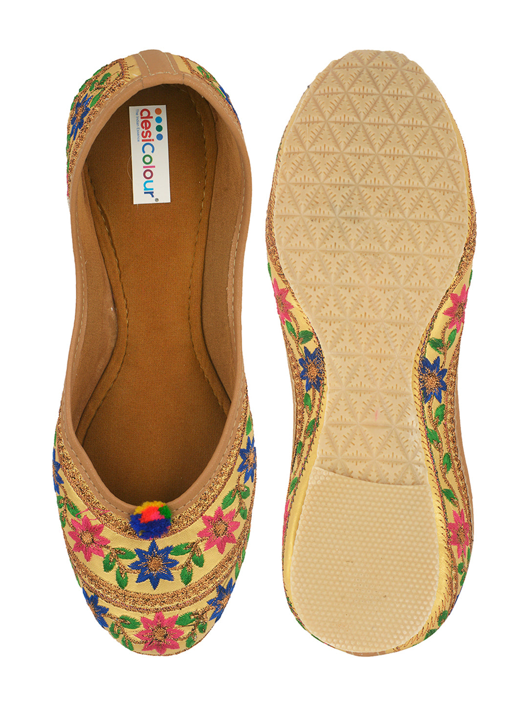 DESI COLOUR Women Gold-Toned Embroidered Mojaris