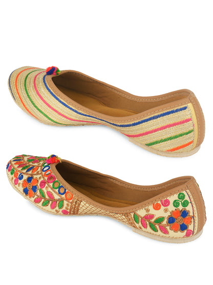 DESI COLOUR Women Set of 2 Multicoloured Striped Leather Ethnic Mojaris Flats