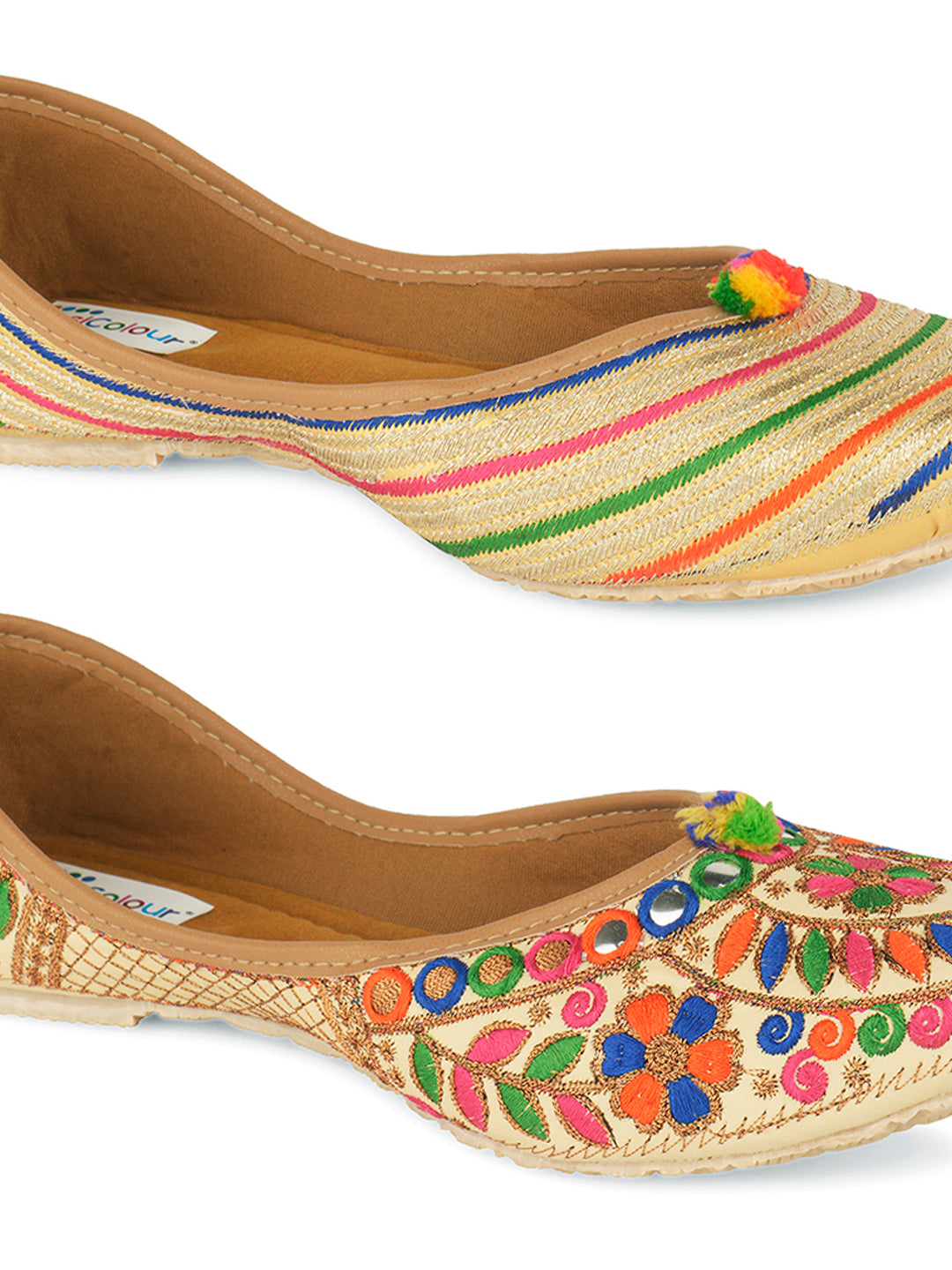 DESI COLOUR Women Set of 2 Multicoloured Striped Leather Ethnic Mojaris Flats