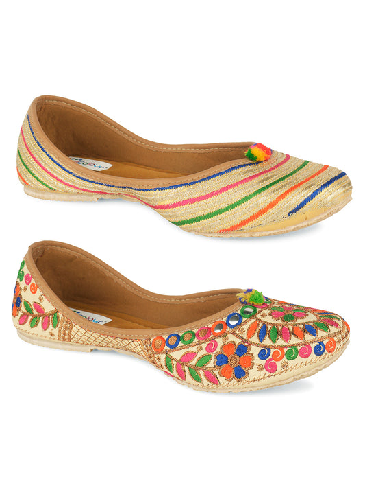 DESI COLOUR Women Set of 2 Multicoloured Striped Leather Ethnic Mojaris Flats