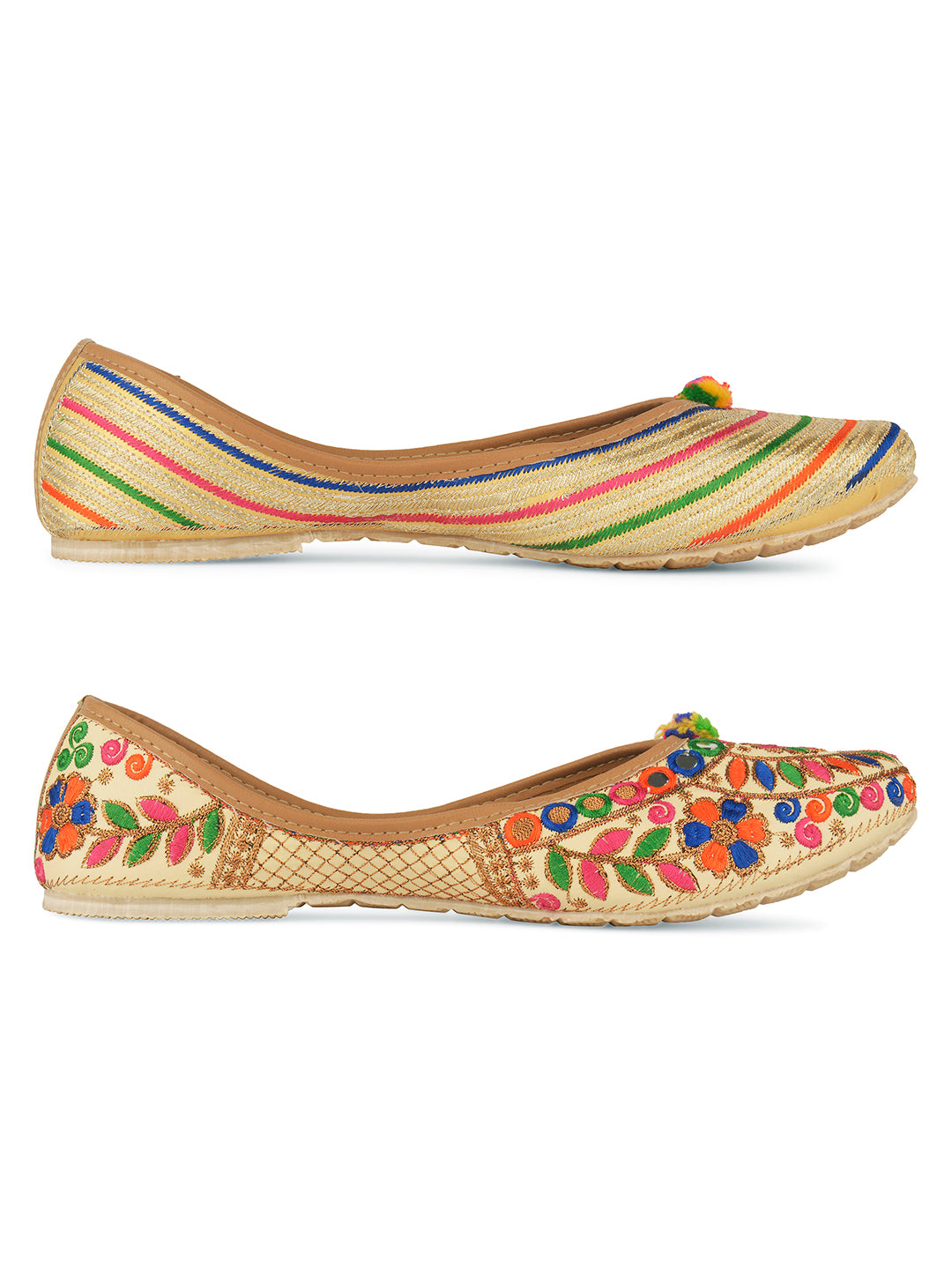 DESI COLOUR Women Set of 2 Multicoloured Striped Leather Ethnic Mojaris Flats