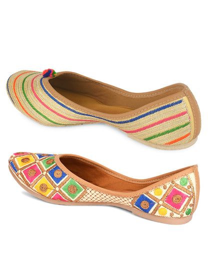 DESI COLOUR Women Pack Of 2 Beige Leather Ethnic Mojaris Flats