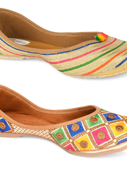 DESI COLOUR Women Pack Of 2 Beige Leather Ethnic Mojaris Flats