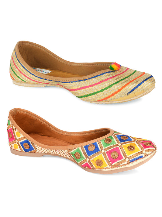 DESI COLOUR Women Pack Of 2 Beige Leather Ethnic Mojaris Flats