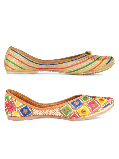DESI COLOUR Women Pack Of 2 Beige Leather Ethnic Mojaris Flats