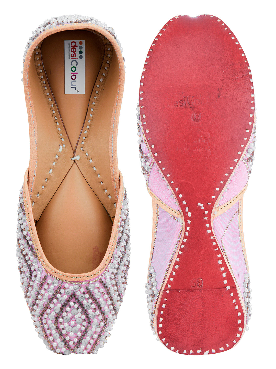DESI COLOUR Women Pink Printed Leather Mojaris