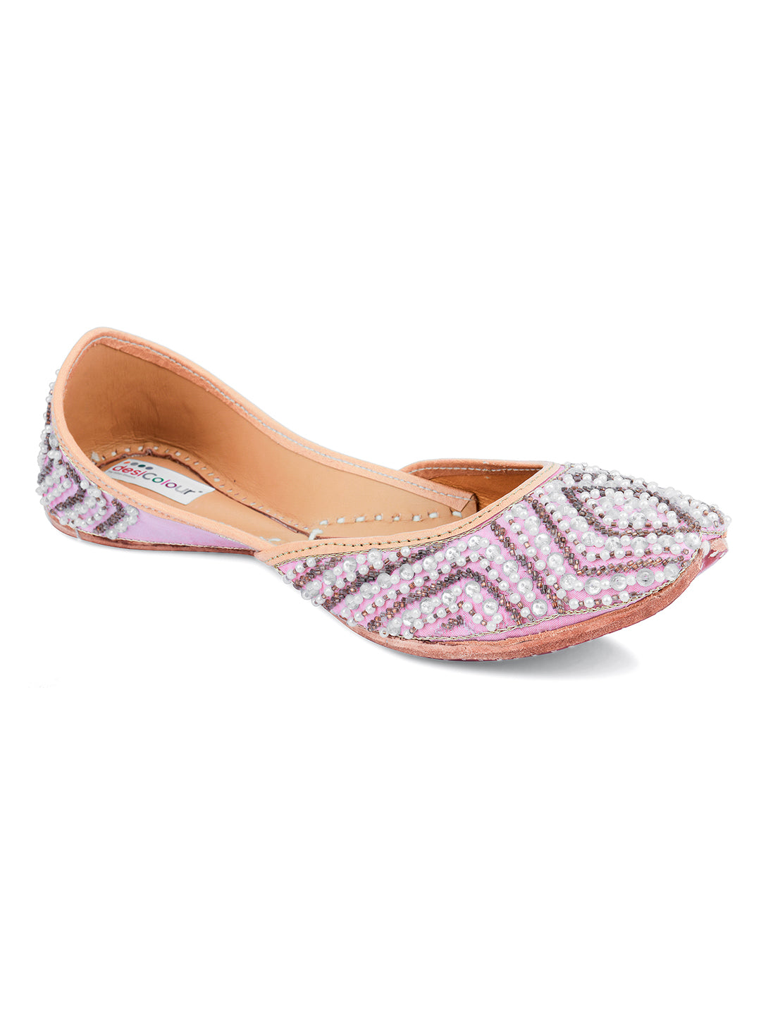 DESI COLOUR Women Pink Printed Leather Mojaris
