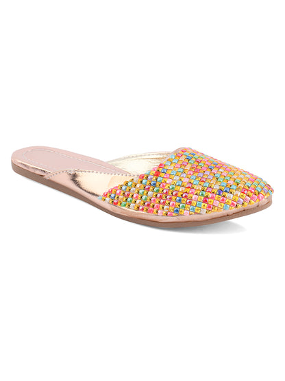DESI COLOUR Women Pink Embellished Leather Mojaris
