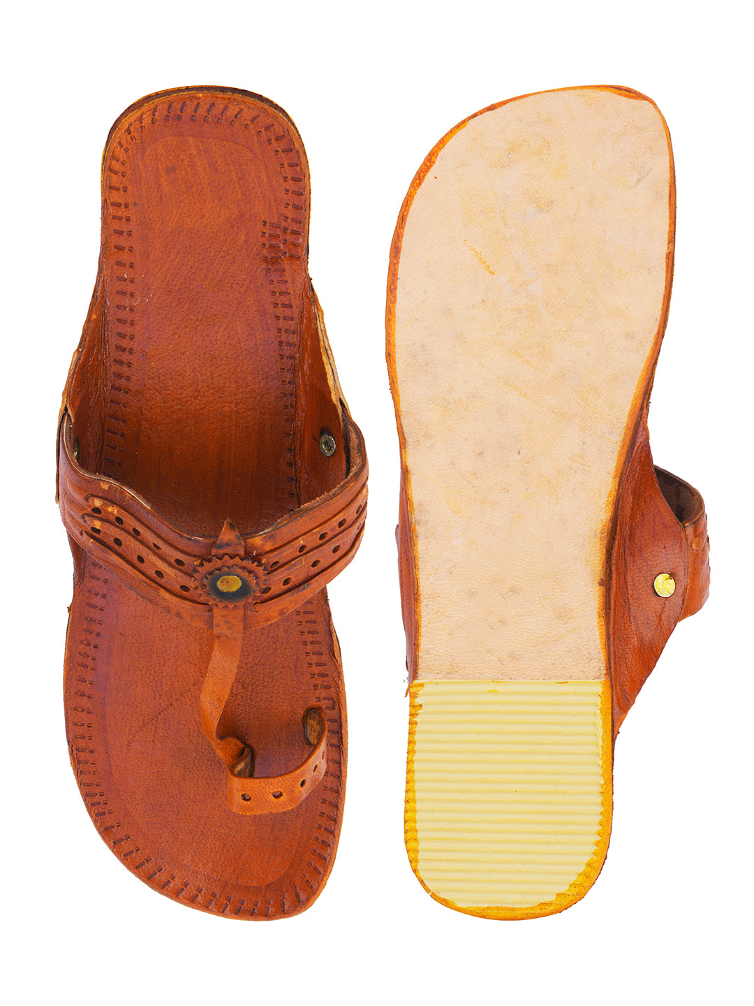 DESI COLOUR Women Yellow Embellished Leather T-Strap Flats