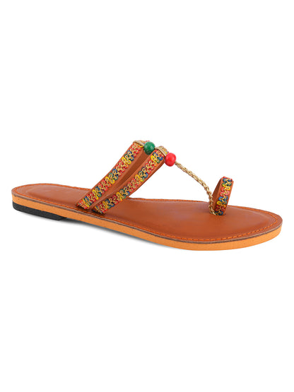 DESI COLOUR Women Multicoloured Embroidered Leather One Toe Flats