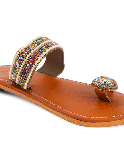 DESI COLOUR Women Gold-Toned Embellished Leather One Toe Flats