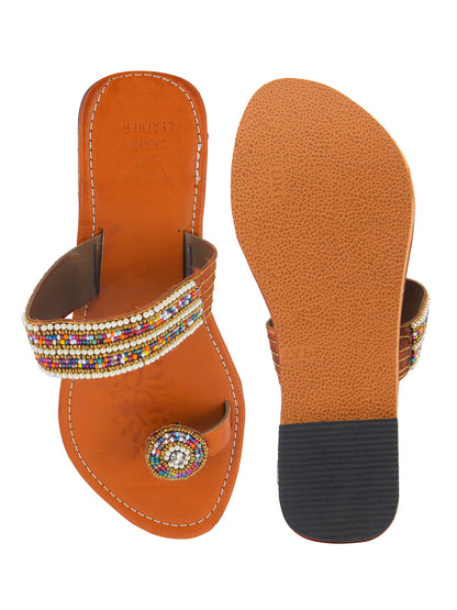 DESI COLOUR Women Gold-Toned Embellished Leather One Toe Flats