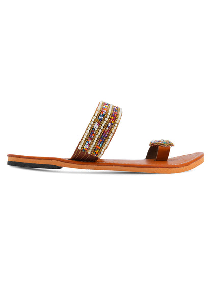 DESI COLOUR Women Gold-Toned Embellished Leather One Toe Flats