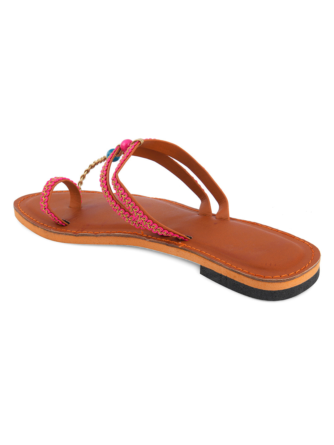 DESI COLOUR Women Pink Embellished Leather T-Strap Flats