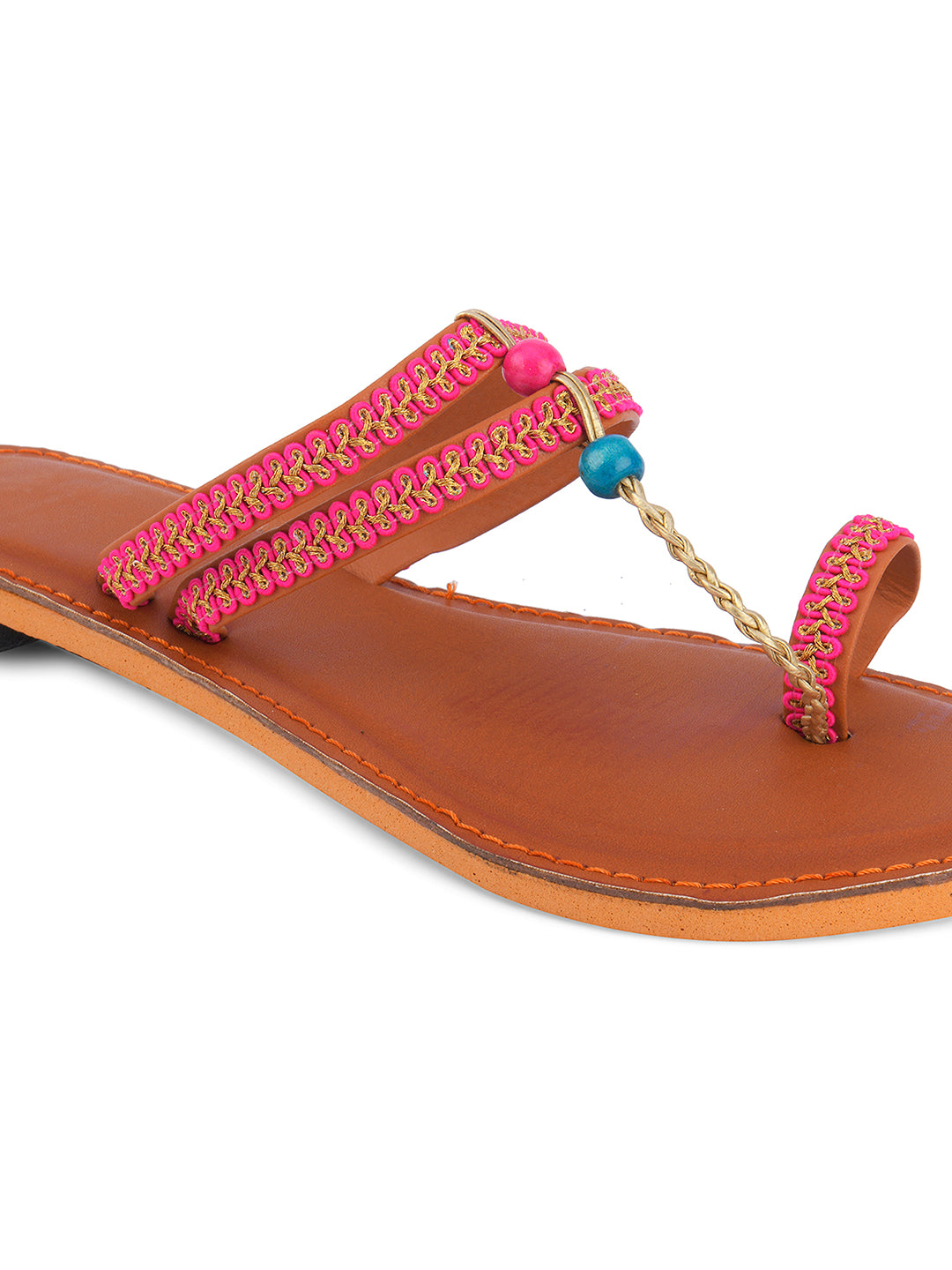 DESI COLOUR Women Pink Embellished Leather T-Strap Flats