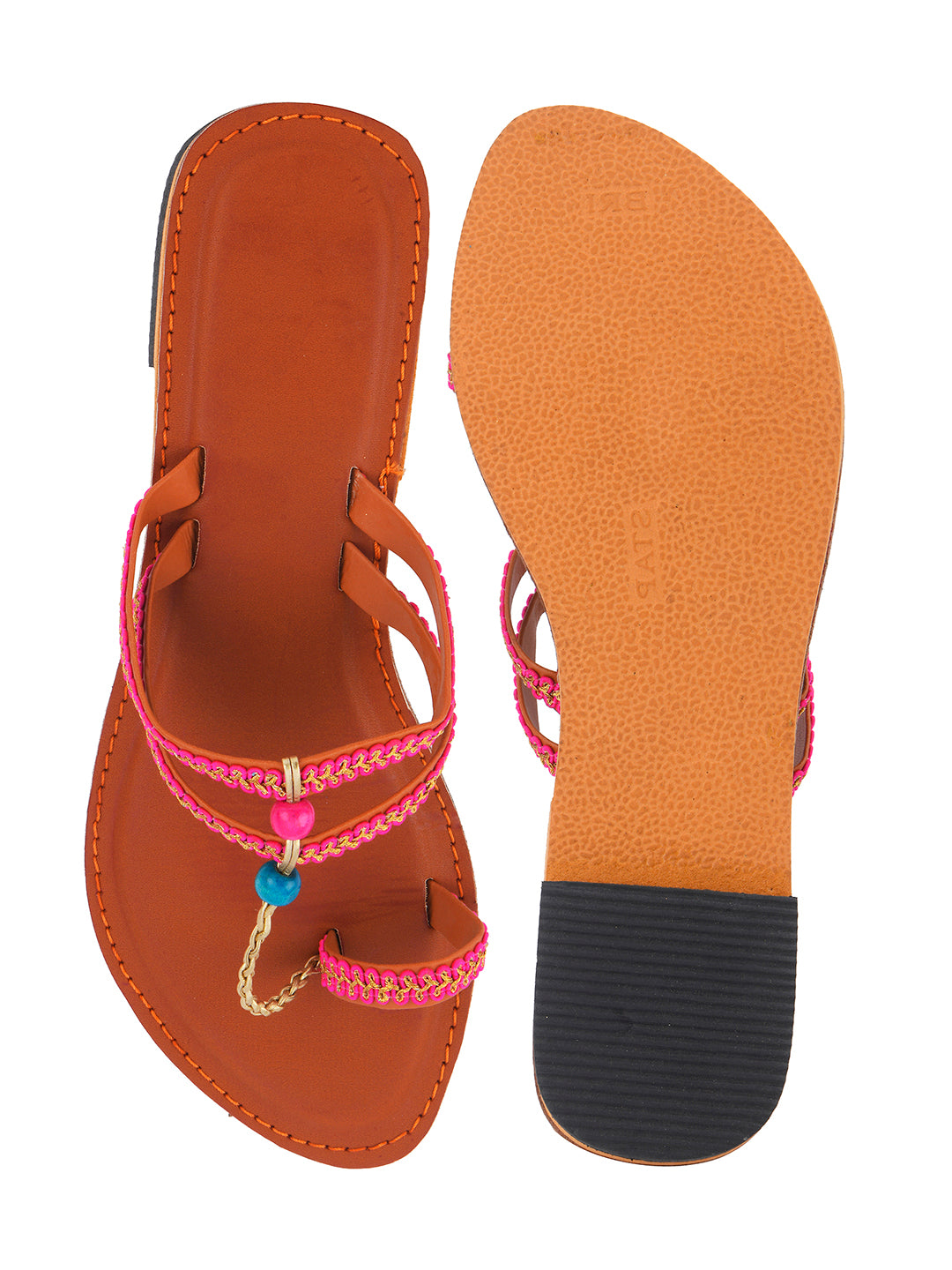 DESI COLOUR Women Pink Embellished Leather T-Strap Flats