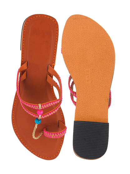 DESI COLOUR Women Pink Embellished Leather T-Strap Flats