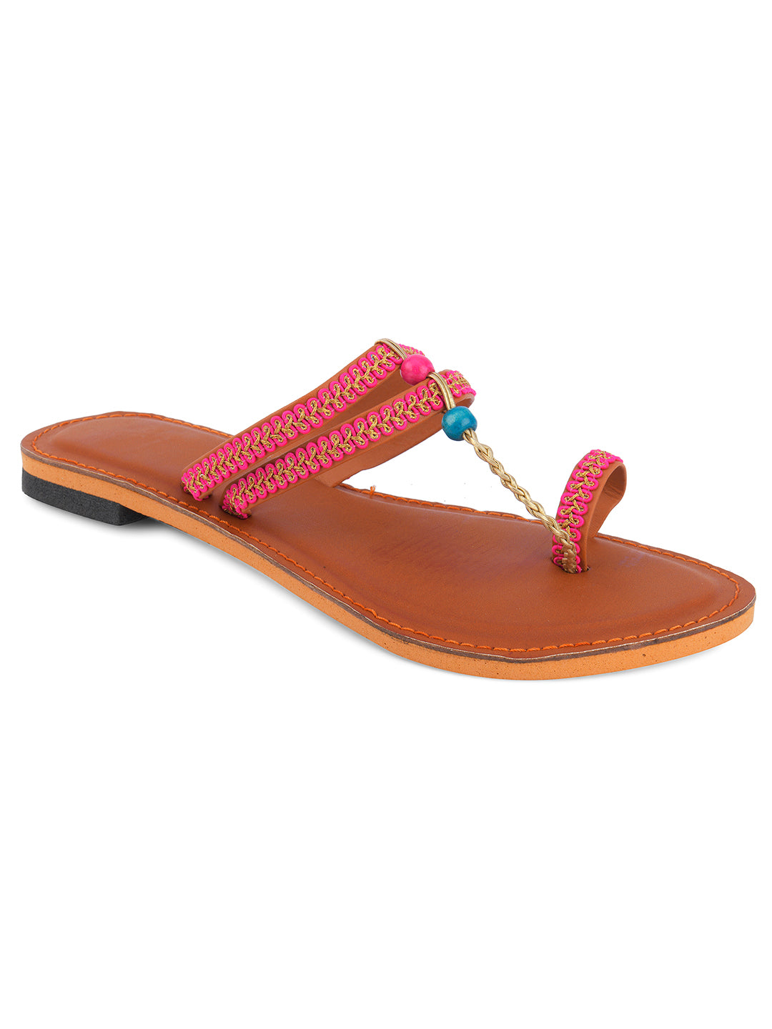 DESI COLOUR Women Pink Embellished Leather T-Strap Flats