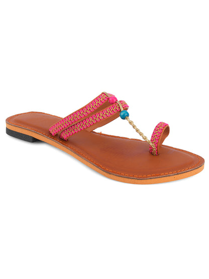 DESI COLOUR Women Pink Embellished Leather T-Strap Flats