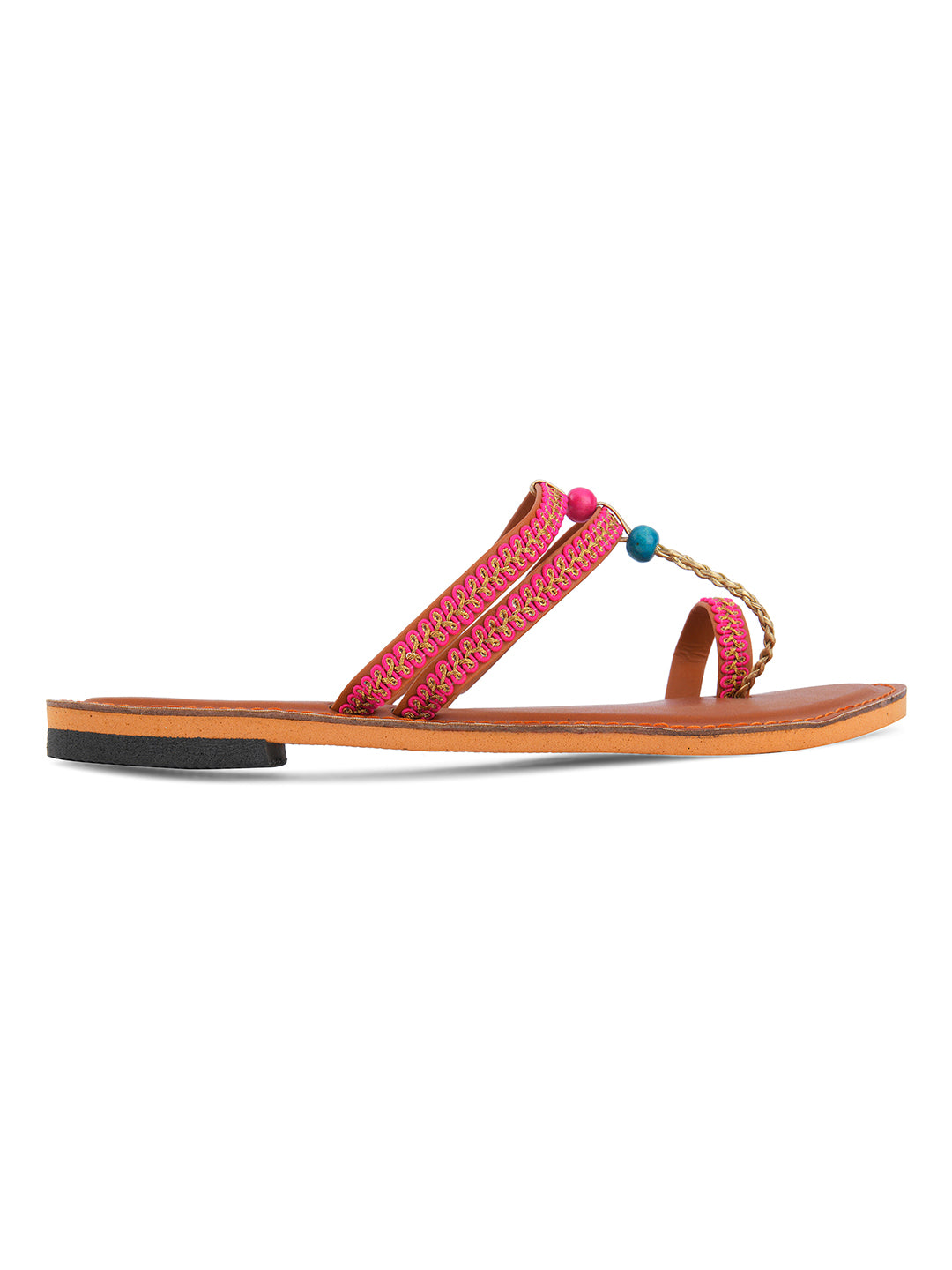 DESI COLOUR Women Pink Embellished Leather T-Strap Flats