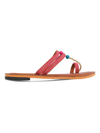 DESI COLOUR Women Pink Embellished Leather T-Strap Flats
