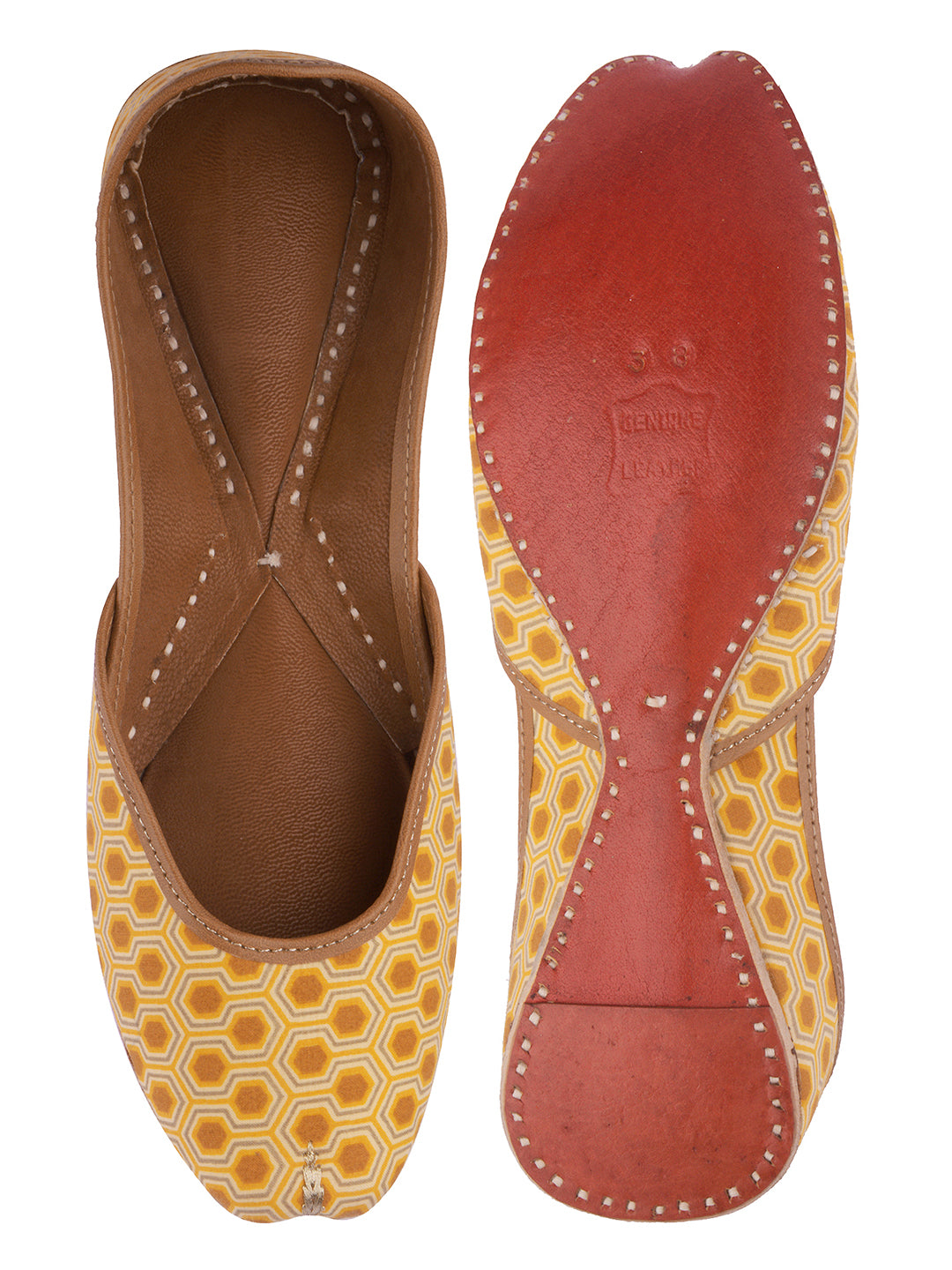 DESI COLOUR Women Yellow Printed Leather Mojaris