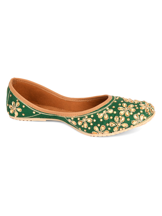 DESI COLOUR Women Green Embellished Mojaris